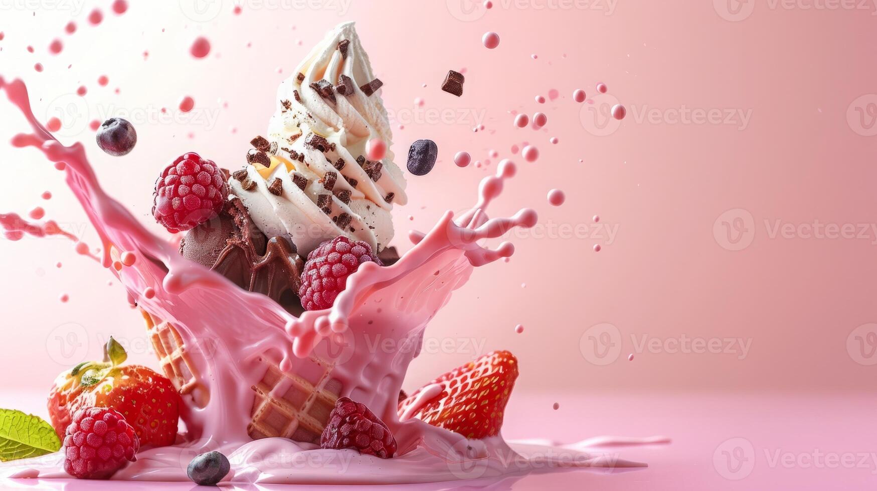 Ice cream cone with berries and fruits and whipped cream splash, empty pastel background photo