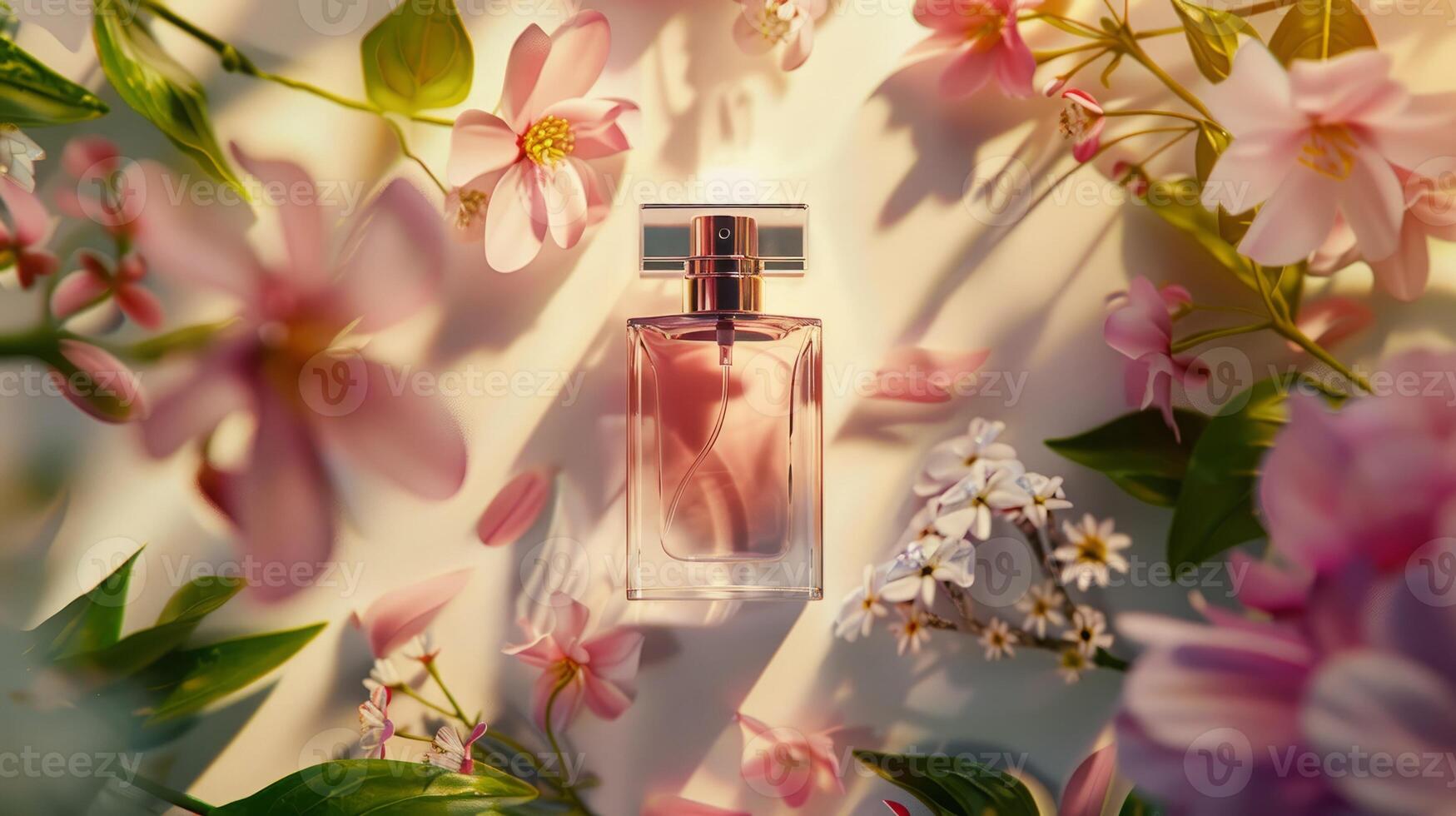 Product photography of a perfume and flowers, on a minimalist pastel background photo