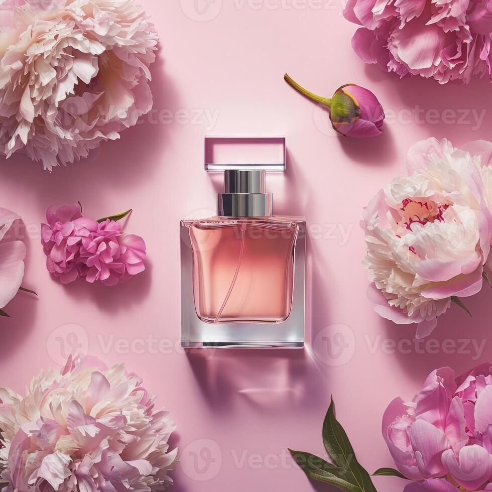 Product photography of a perfume and flowers, on a minimalist pastel background photo