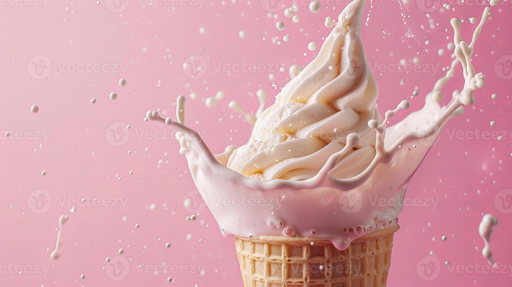 Ice cream cone with berries and fruits and whipped cream splash, empty pastel background photo