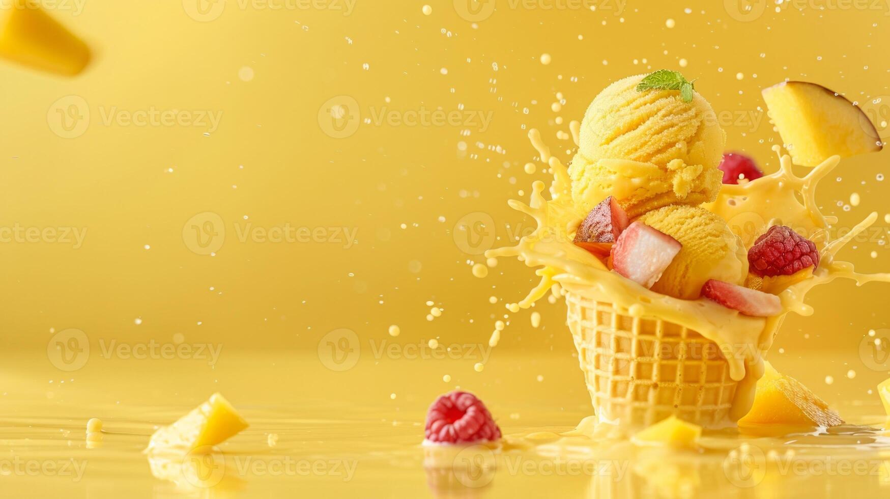 Ice cream cone with mango and whipped cream splash, empty pastel background photo