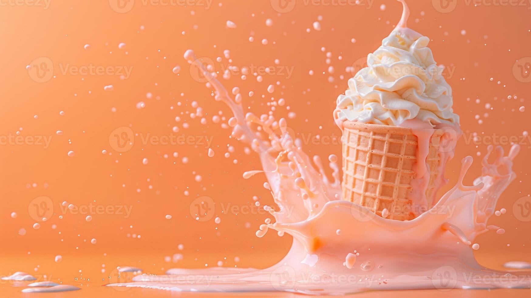 Ice cream cone with berries and fruits and whipped cream splash, empty pastel background photo