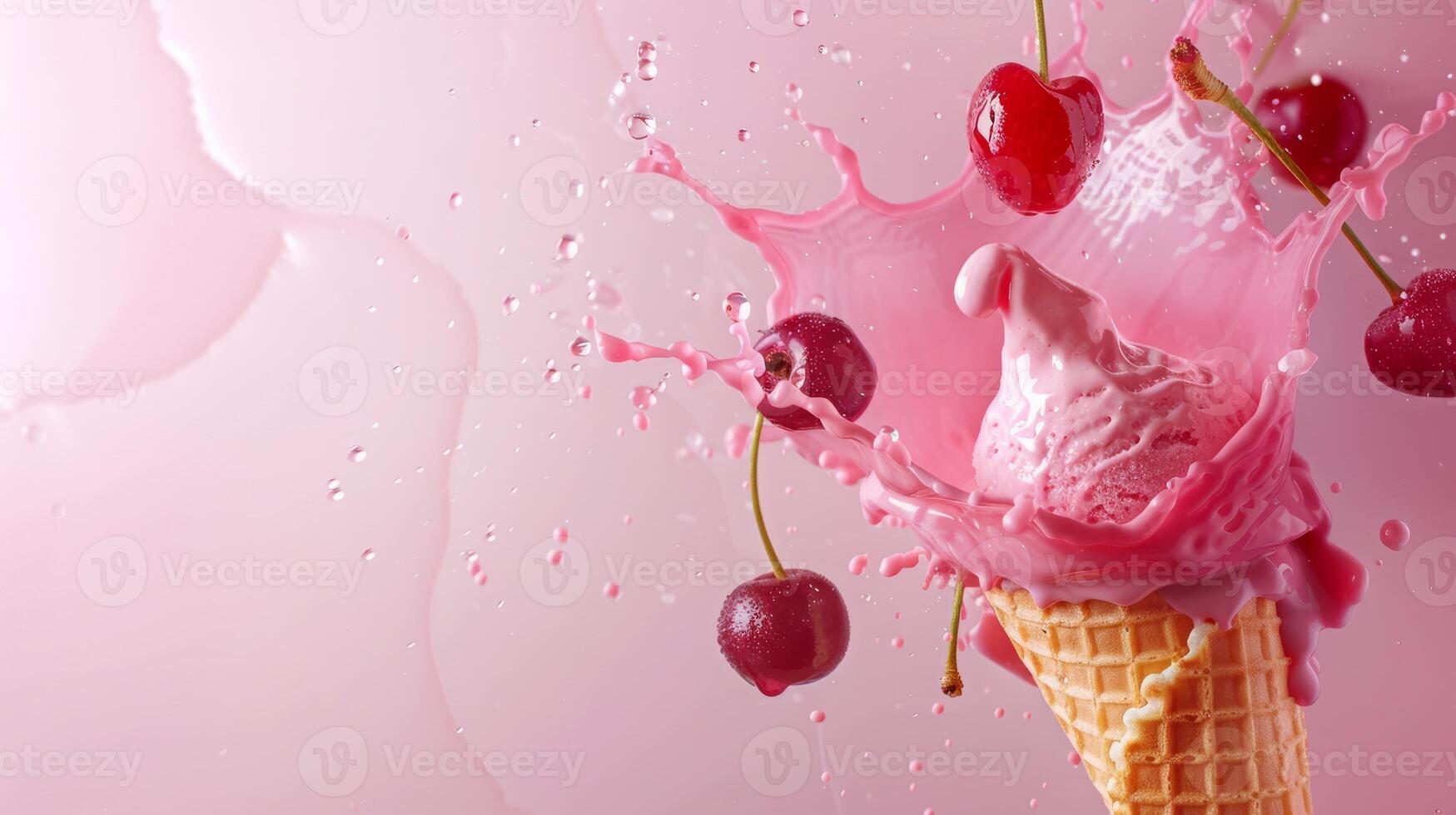 Ice cream cone with berries and fruits and whipped cream splash, empty pastel background photo
