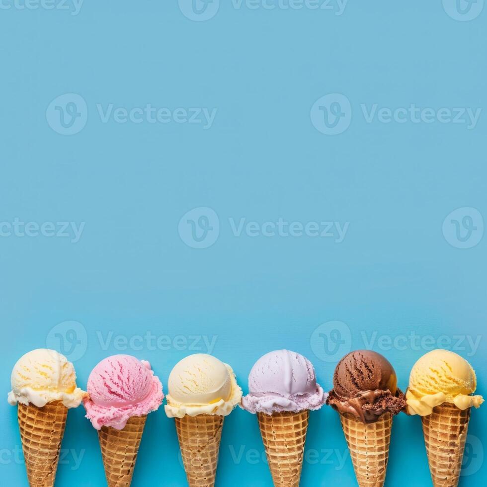 Cones ice creams with fruits, summer dessert background photo