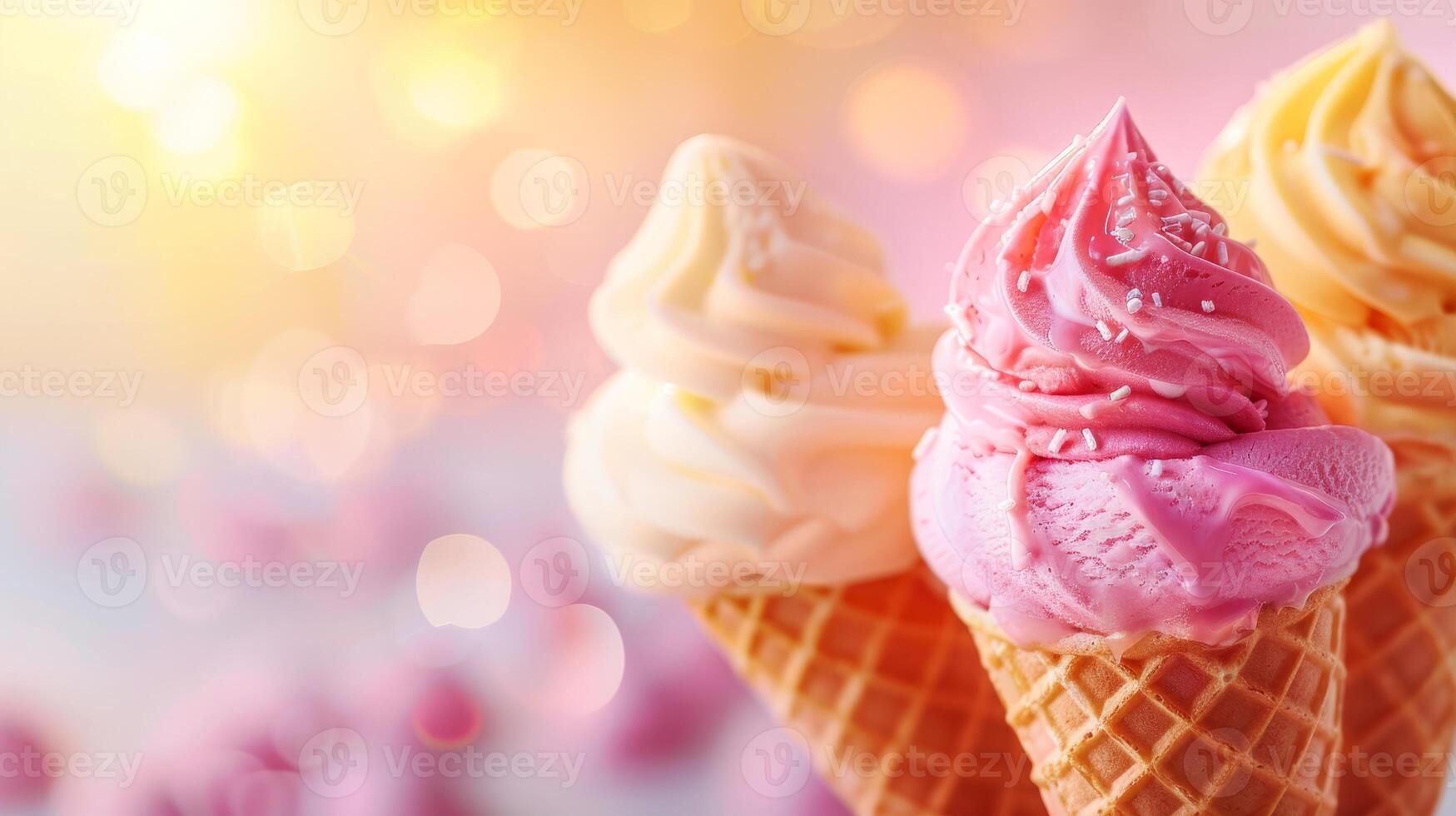 Cones ice creams with fruits, summer dessert background photo