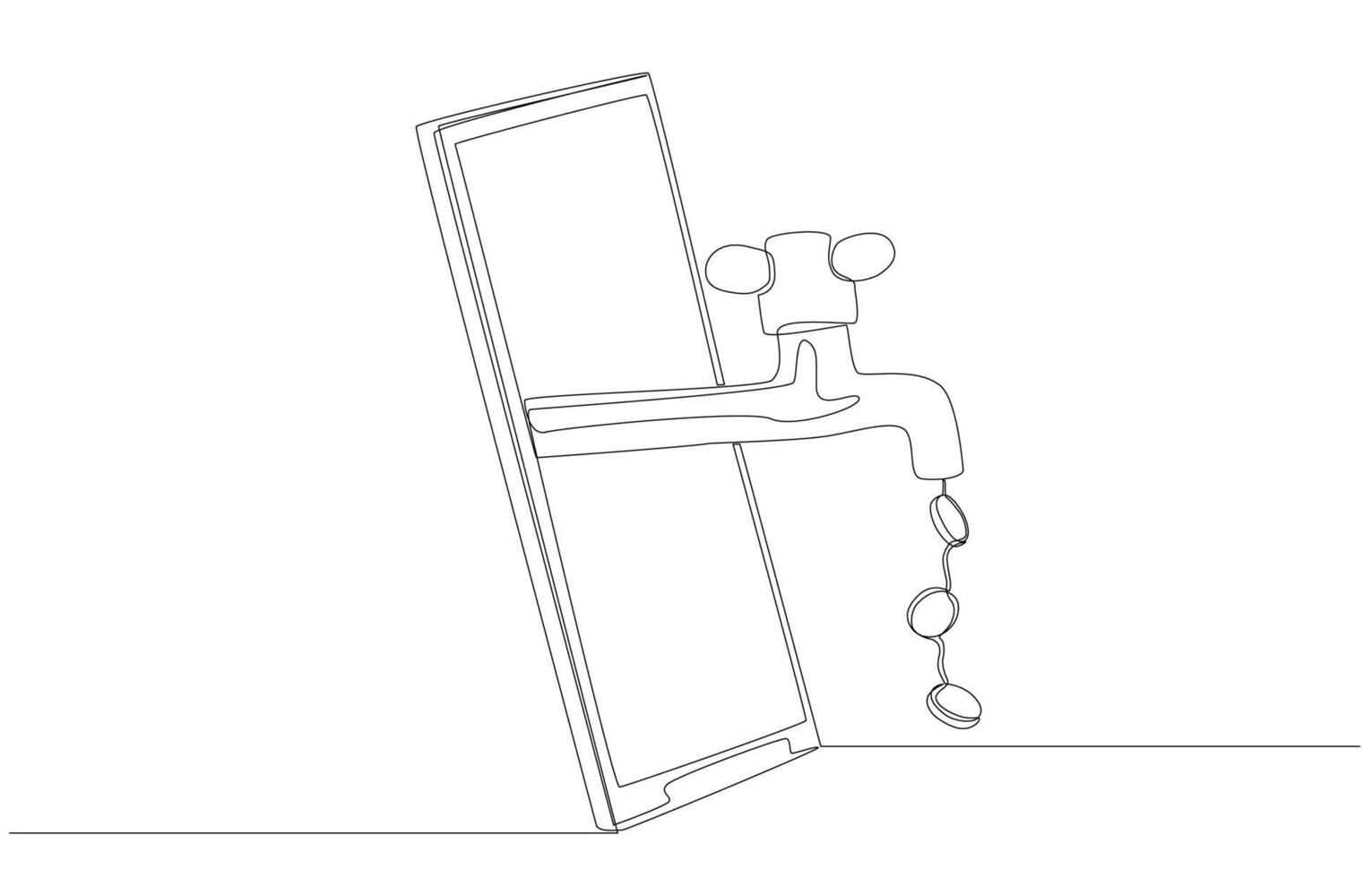 Continuous one line drawing of faucet come out of smartphone screen with coins coming out of faucet, online income concept, single line art. vector