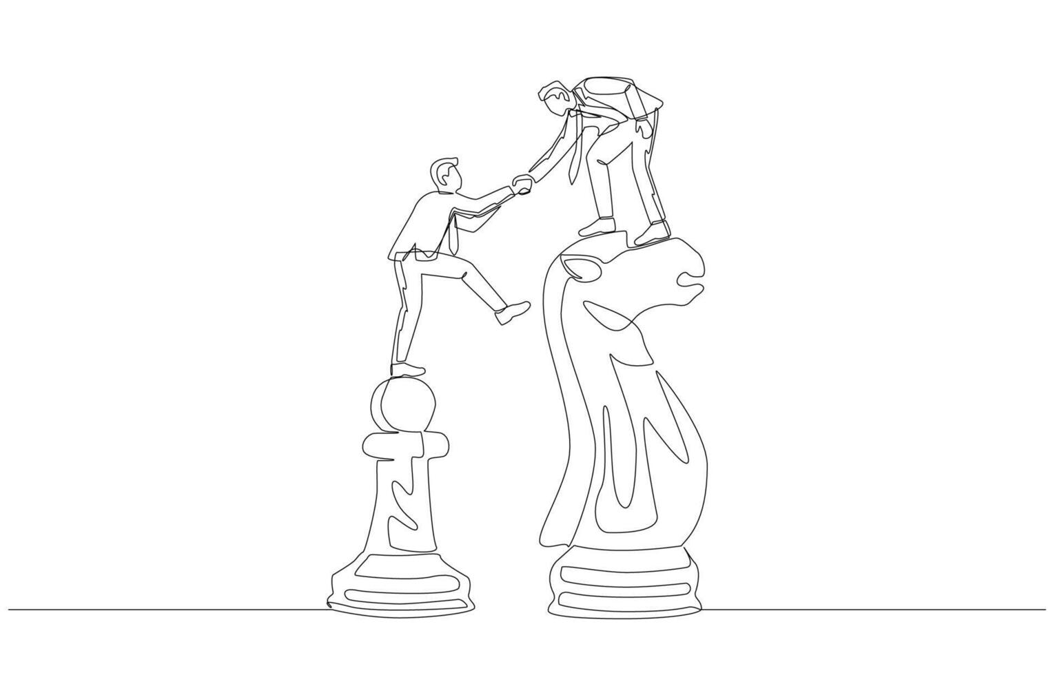 Continuous one line drawing of senior businessman helping young businessman climb from pawn to knight chess, promoting career growth concept, single line art. vector