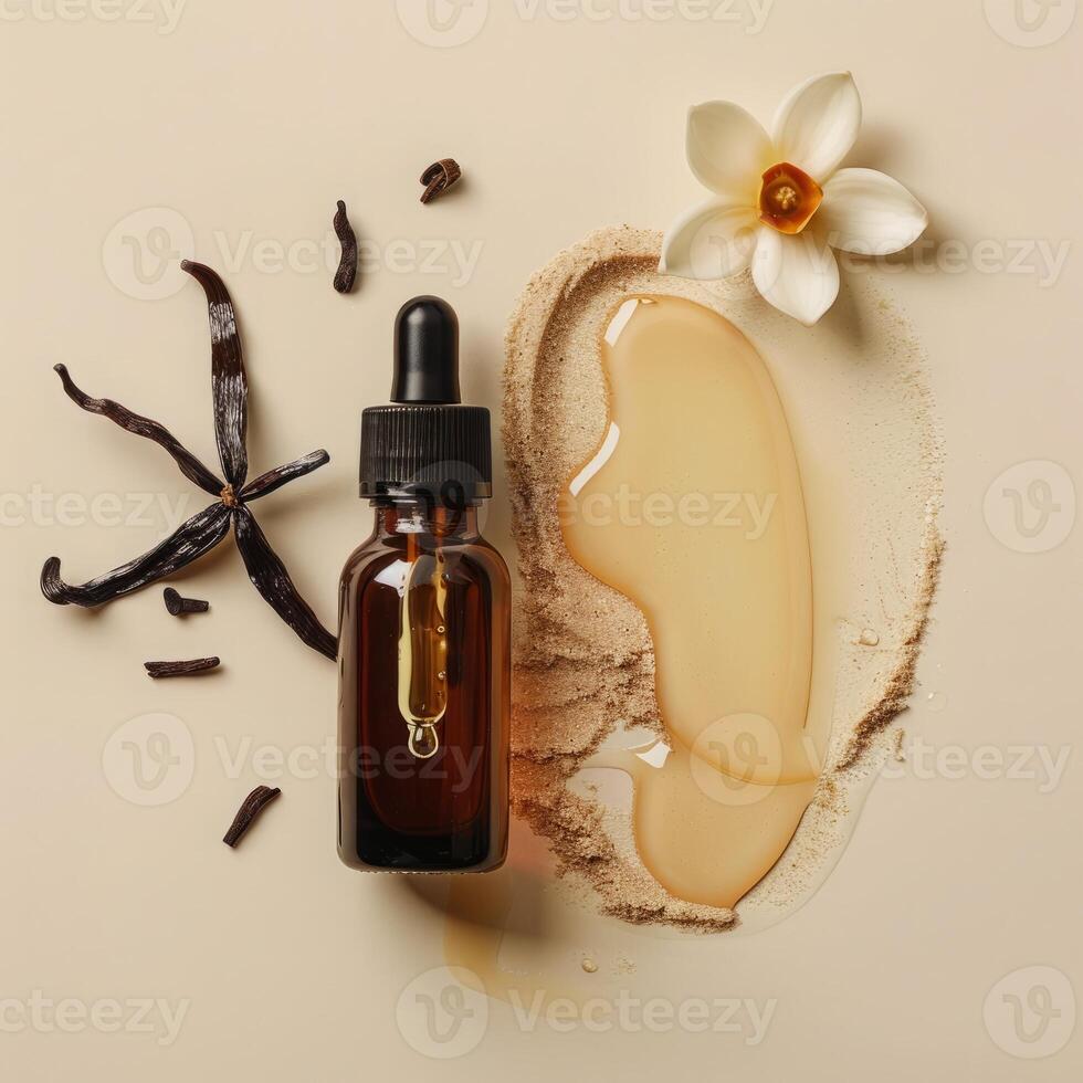 Essential bio oil bottle cosmetics, botanical plants background photo