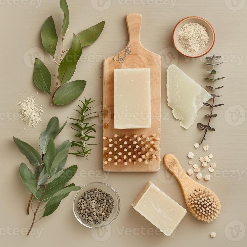 Organic products, soap and comb, minimal background photo