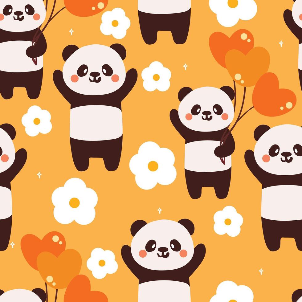 seamless pattern cartoon panda with balloon and sky element. cute animal wallpaper for textile, gift wrap paper vector