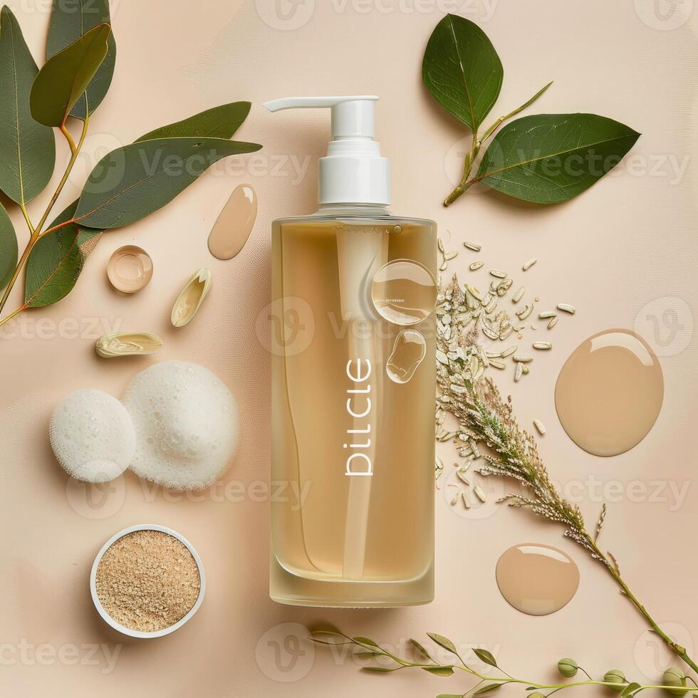 Essential bio oil bottle cosmetics, botanical plants background photo