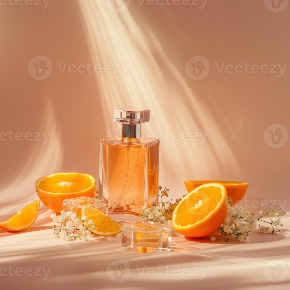 Citrus perfume packaging mockup, fruits citrus background photo