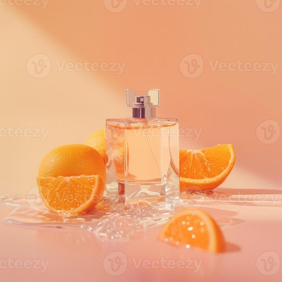Citrus perfume packaging mockup, fruits citrus background photo