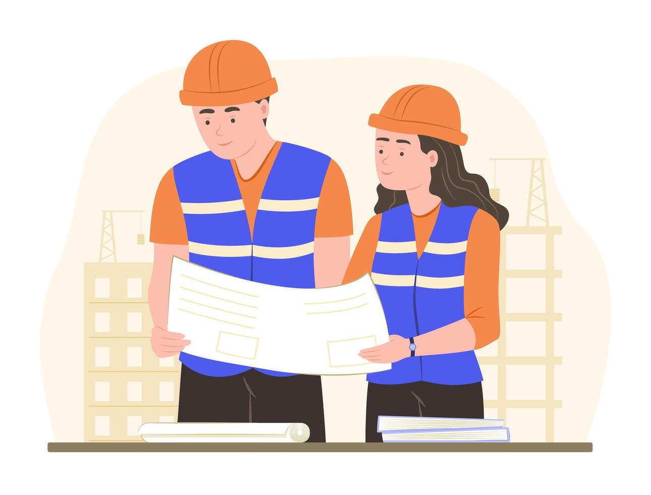 Teamwork of Engineer Staffs Checking Blueprint and Discussing to Collaborate Working in Construction Site vector