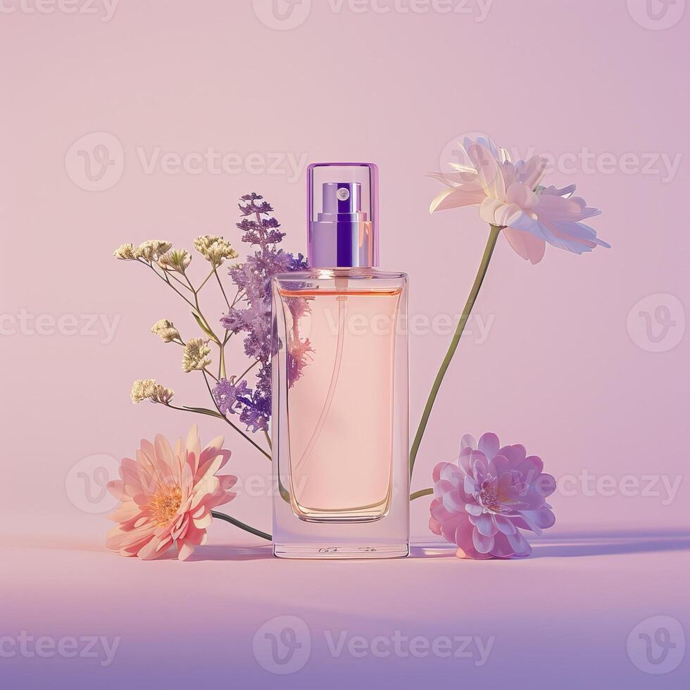 Floral perfume packaging mockup, flowers background photo