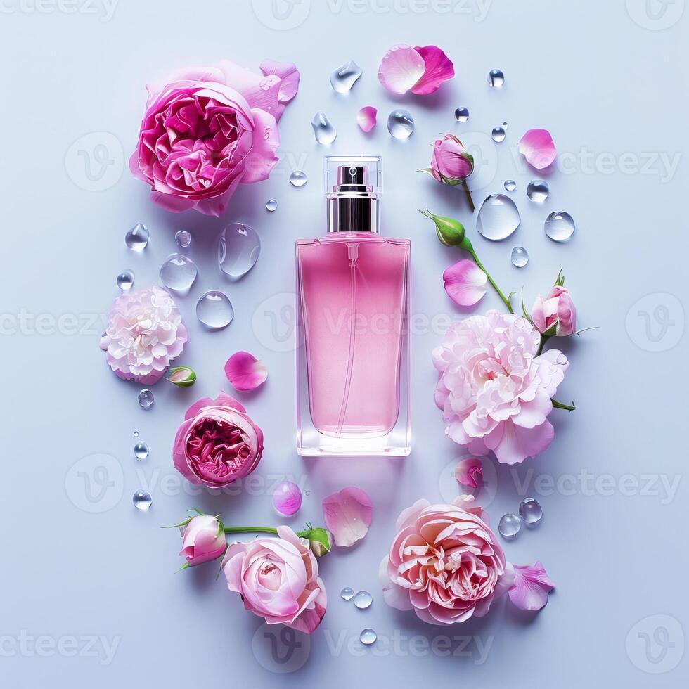 Floral perfume packaging mockup, flowers background photo