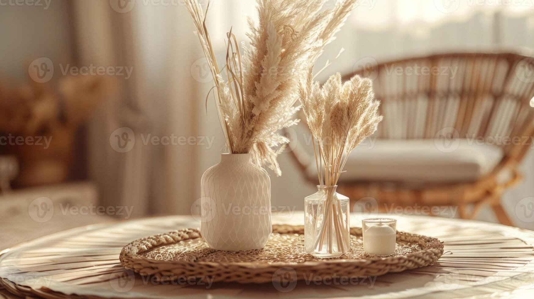 Boho decor in a home office in boho style, boho interior photo