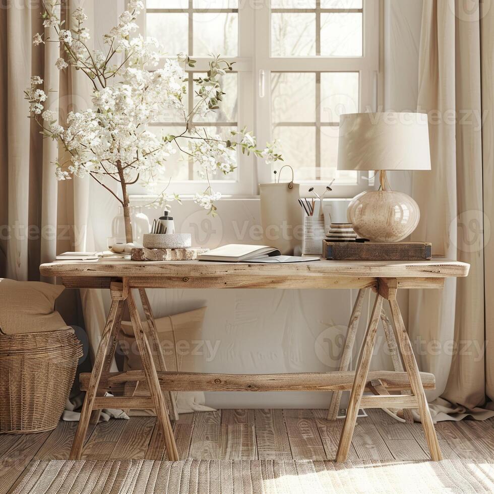 Boho decor in a home office in boho style, boho interior photo