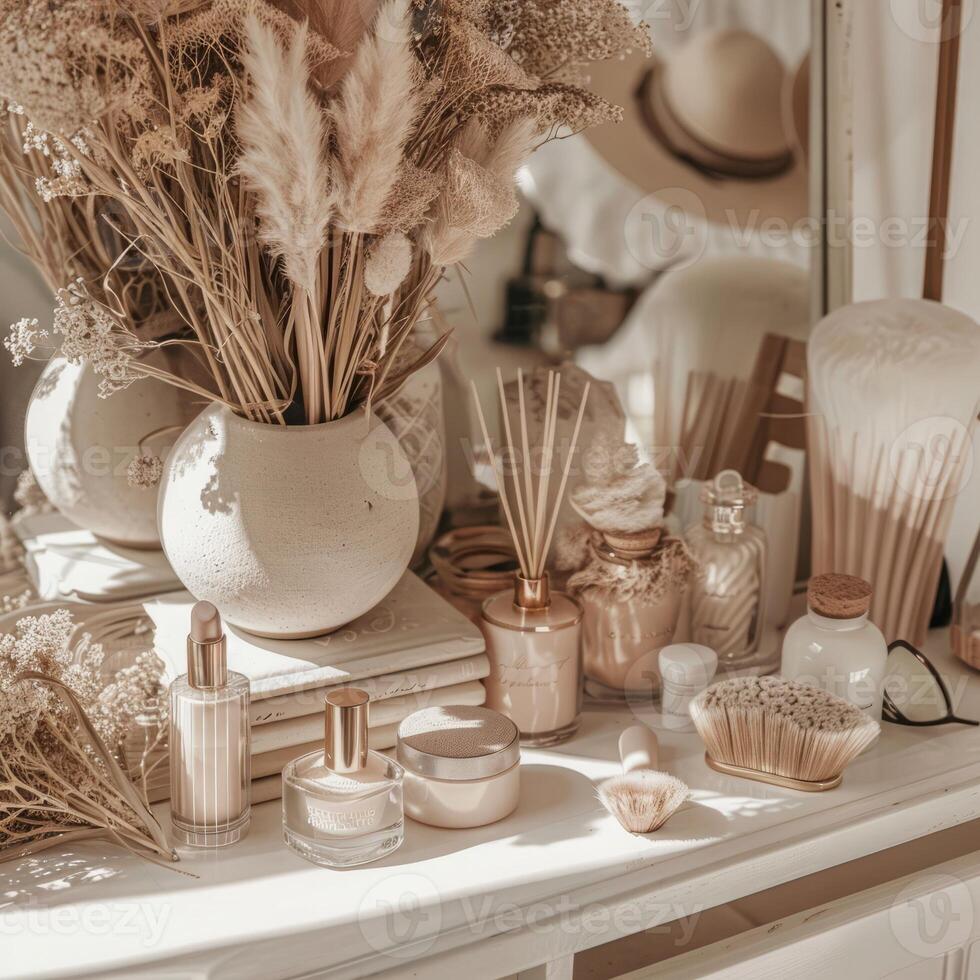 Boho decor in a home office in boho style, boho interior photo
