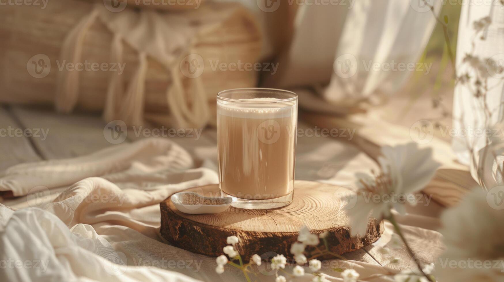 A tasty coffee in a beautiful cup in a boho interior, realistic photo