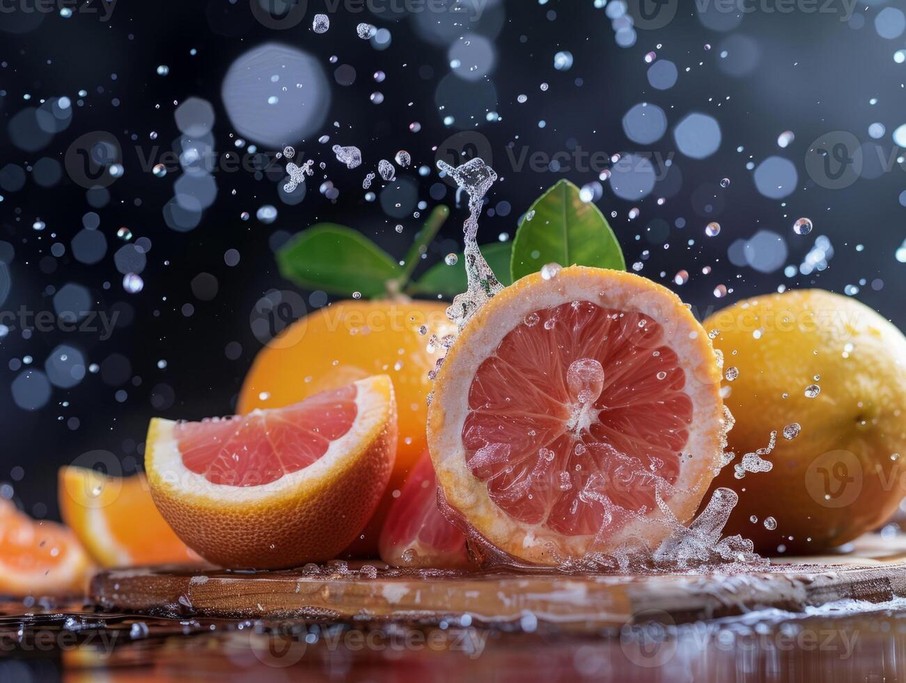 Citrus fruits in water splash, healthy food photo