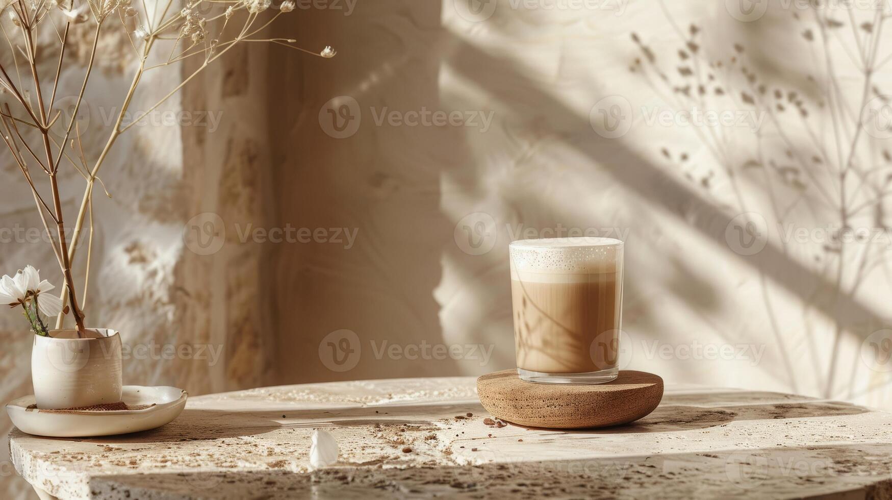 A tasty coffee in a beautiful cup in a boho interior, realistic photo