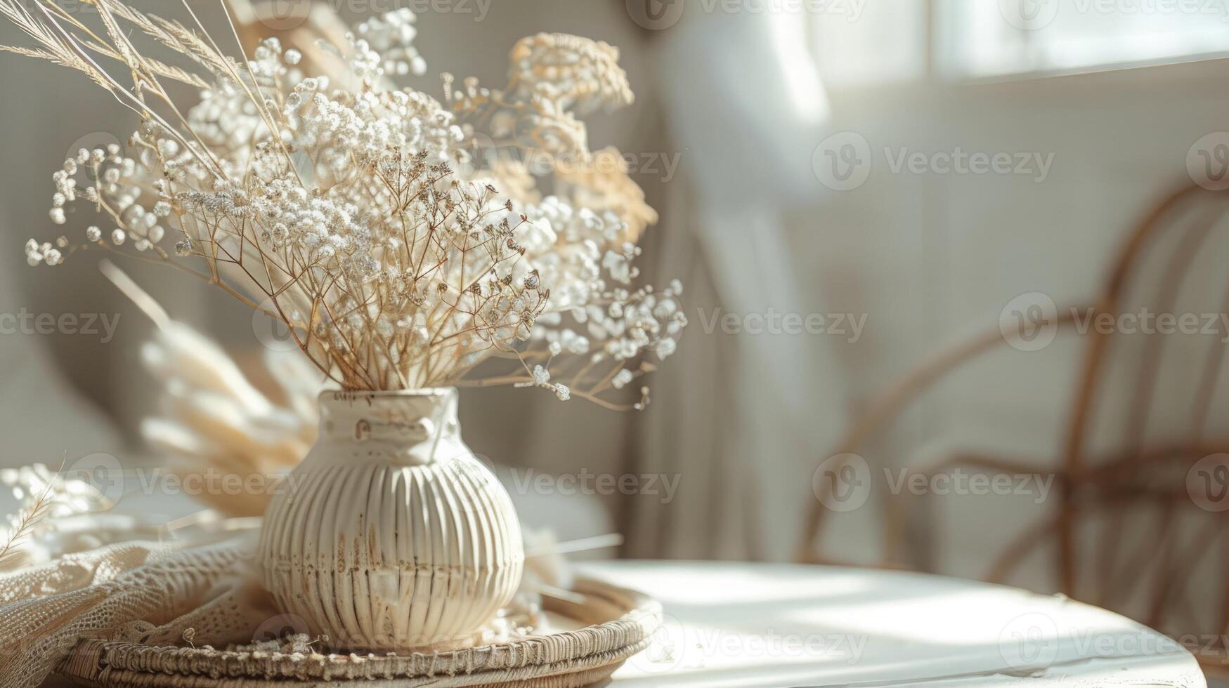 Boho decor in a home office in boho style, boho interior photo
