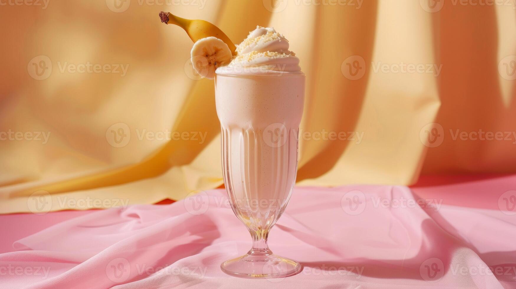 Tasty milkshake with banana and whipped cream, empty pastel background photo