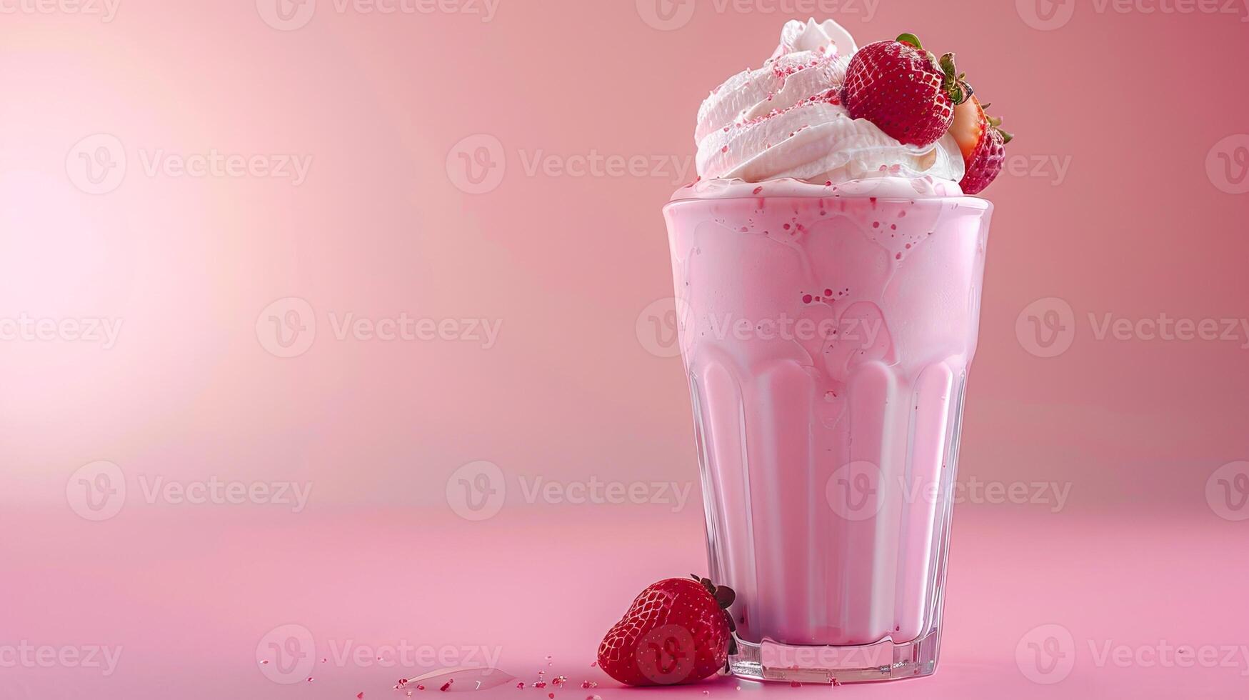 Tasty pink milkshake with berries and cream, empty pastel background photo