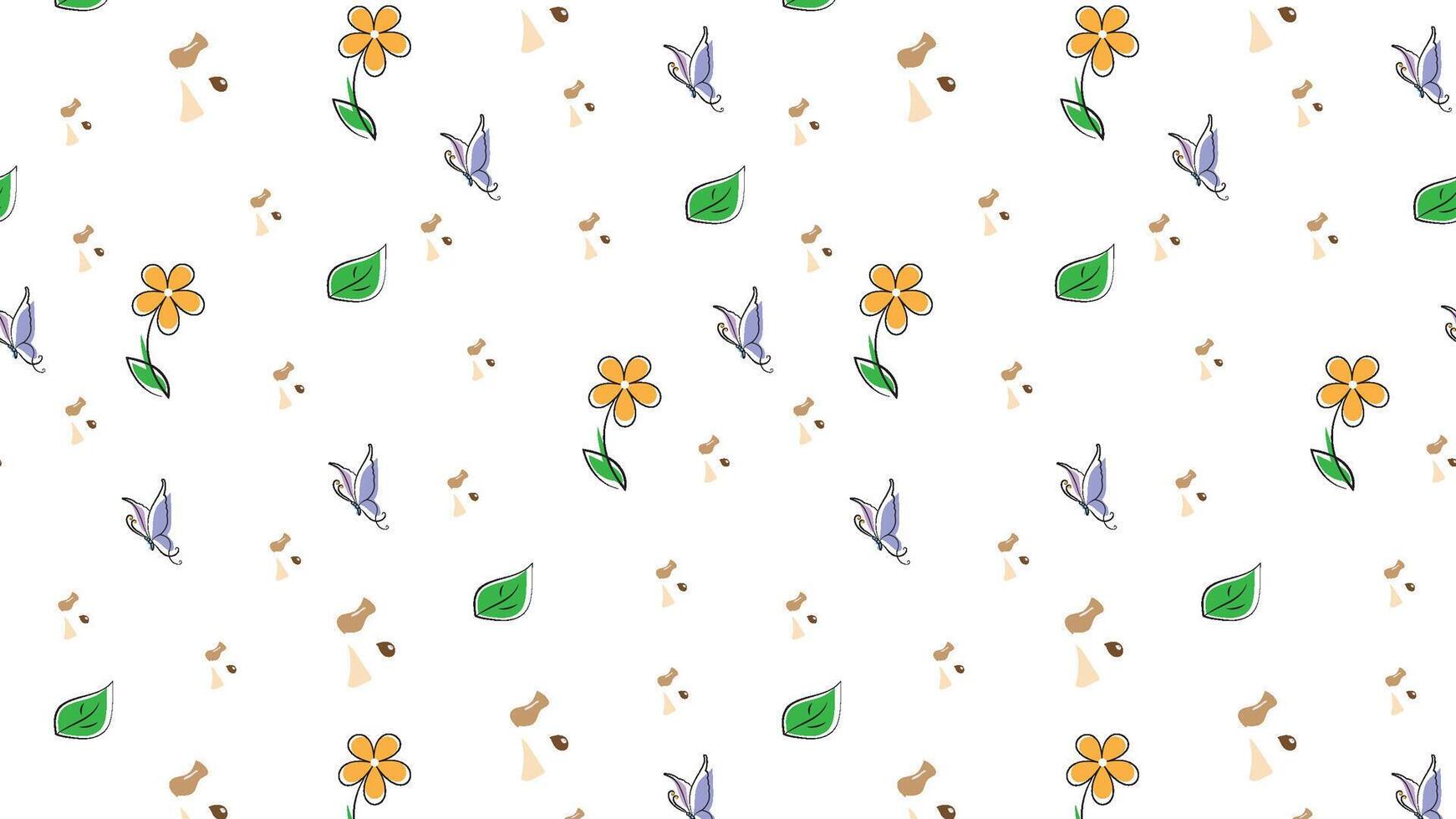 Seamless cartoon butterfly, leaves, object and flower pattern background. Cute illustration. Print ready background for fabric, paper and any use. Hand drawn illustration. vector