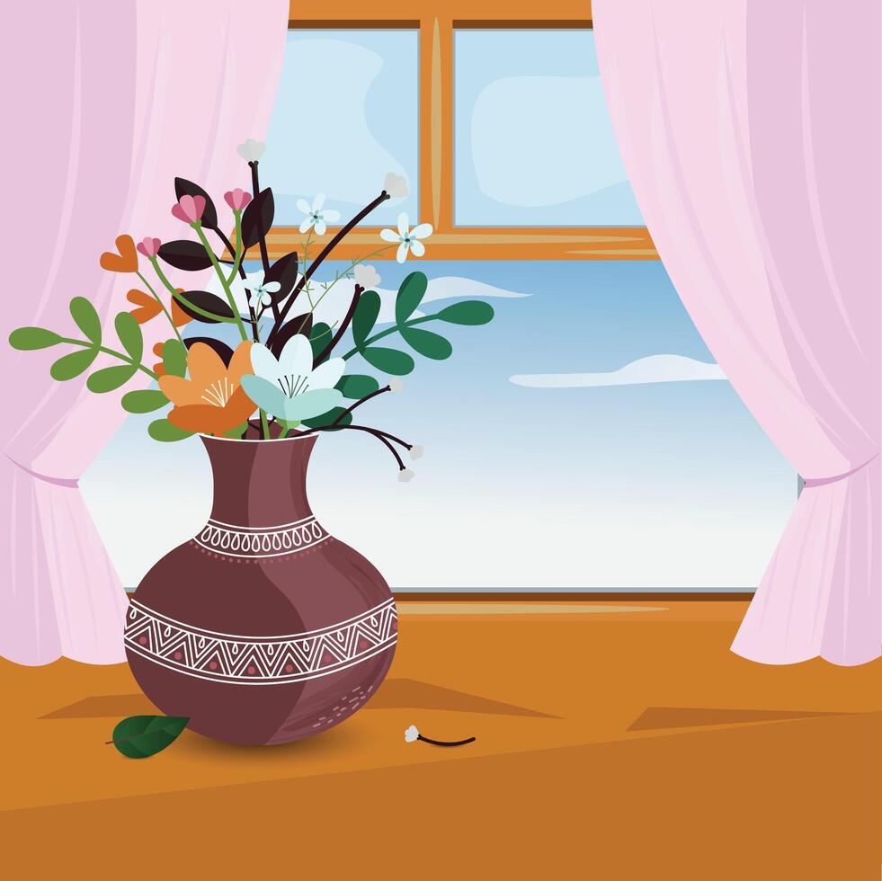 Vase with flowers on the windowsill. Illustration. Beautiful Flowers on pots, vases hand drawn illustration. vector