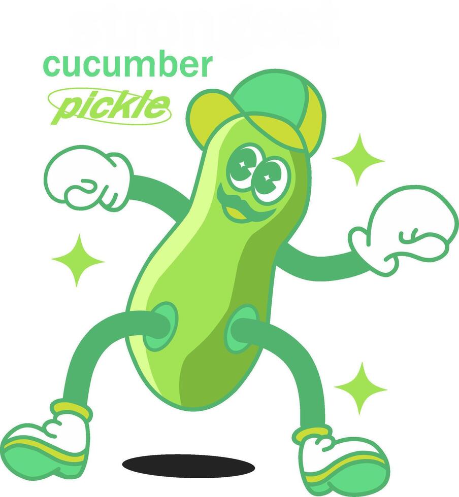 psychedelic groovy pickle mascot striking a boxer's pose. The pickle exudes a masculine persona with a proud mustache and a champion's hat.Perfect for branding, marketing, or print and sticker vector