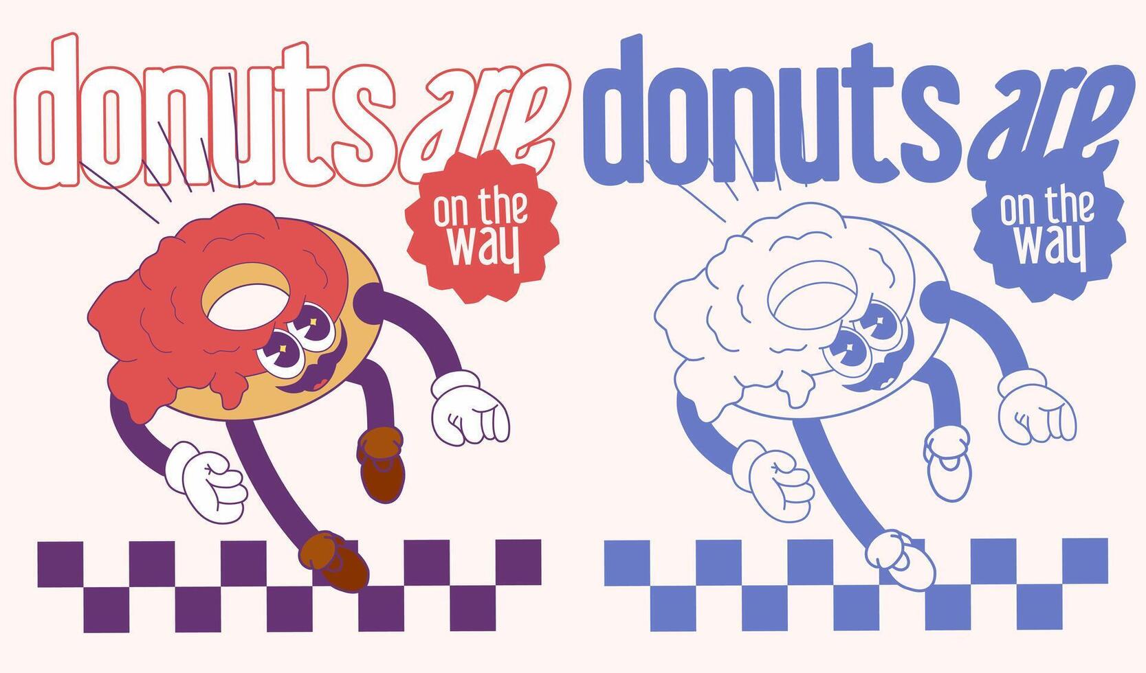 retro cartoon illustration of a groovy fast food donut mascot posing as a skateboarder with the slogan Your ordered donuts are being delivered vector