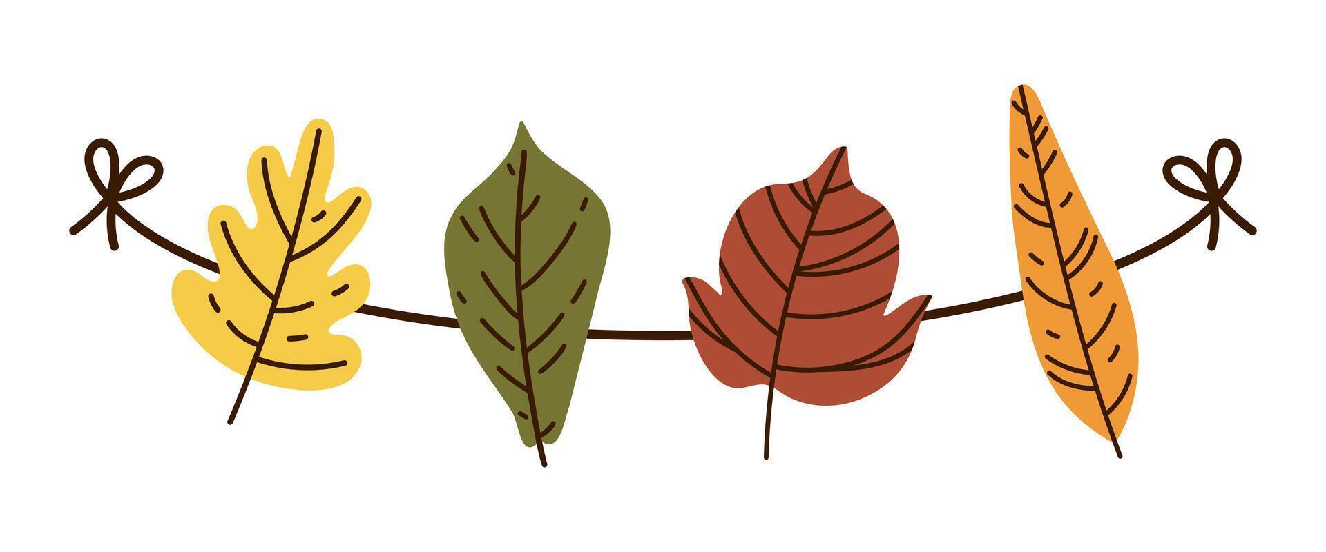 Autumn garland icon. Colorful fallen leaves hang on a string. Red, yellow, orange plants, foliage of forest trees. Leaf of oak, maple, chestnut. Seasonal decoration for Thanksgiving, Halloween vector