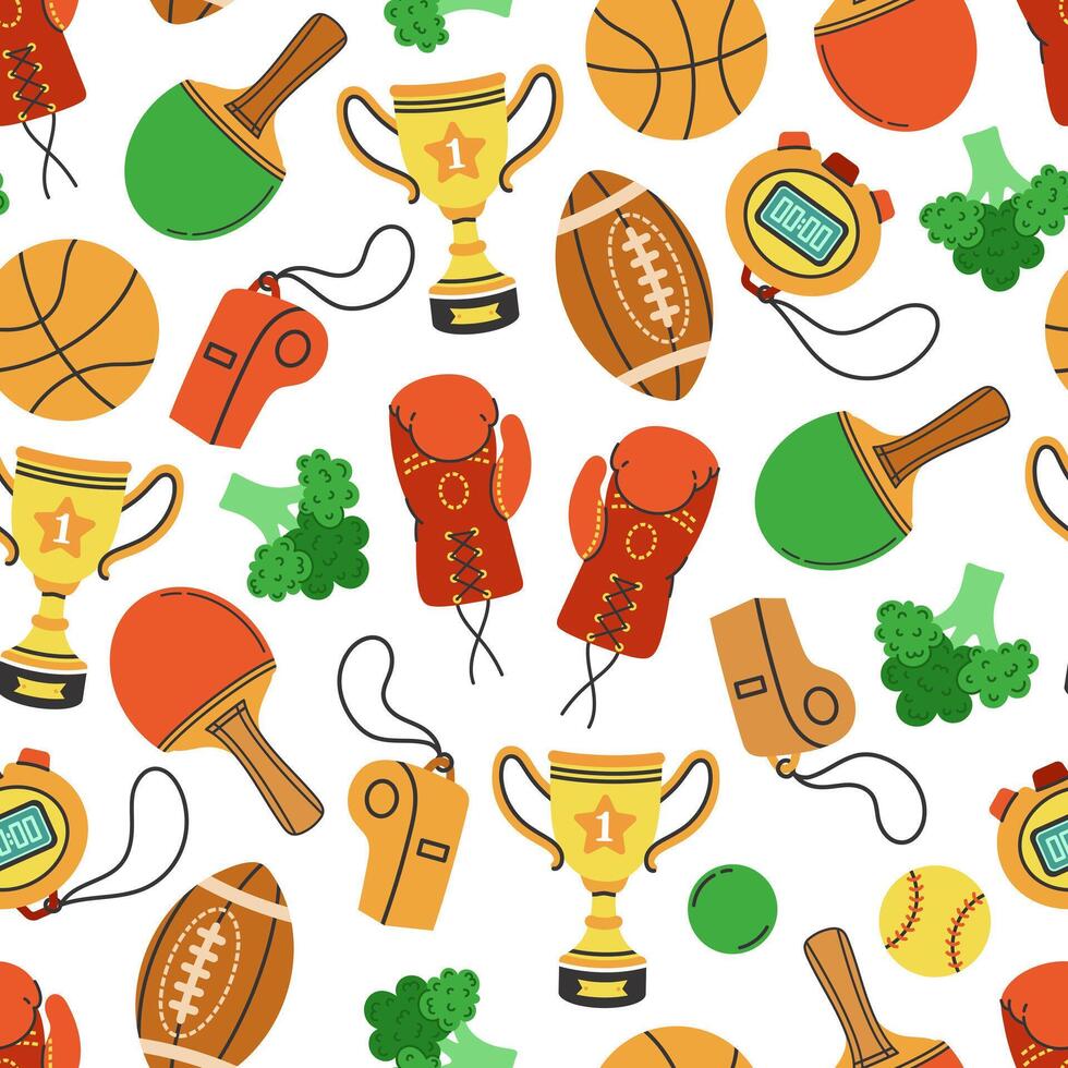 Sport seamless pattern. Gym equipment for fitness, training, exercise. Ping pong paddle, stopwatch, rugby and basketball balls, boxing gloves, winner cup, healthy eating. Workout background vector