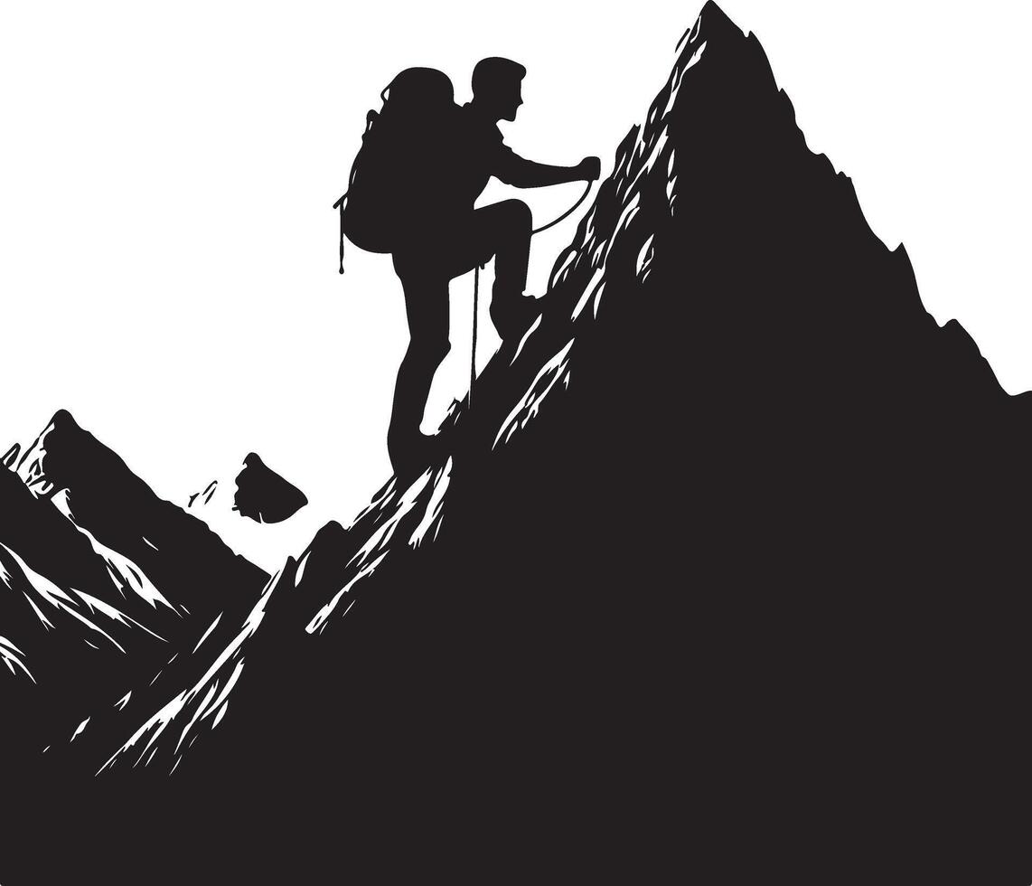 A man climbing mountain and hiking flat silhouette design vector