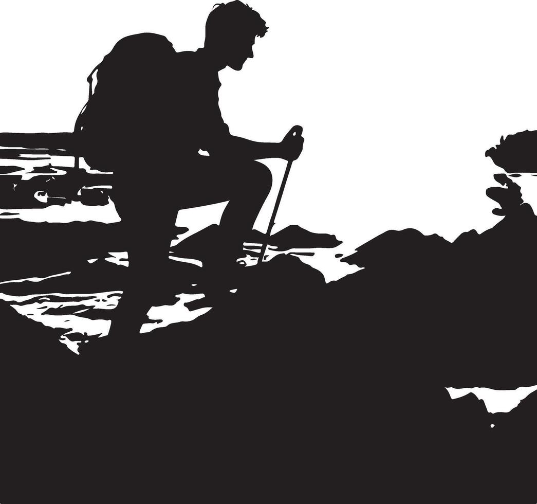 A man climbing mountain and hiking flat silhouette design vector