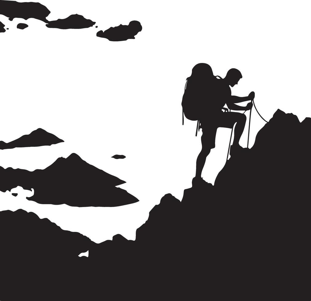 A man climbing mountain and hiking flat silhouette design vector