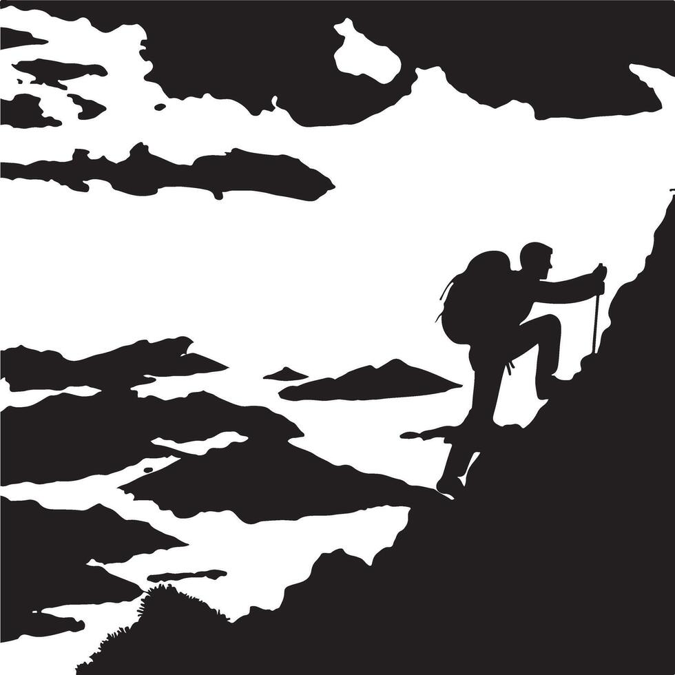 A man climbing mountain and hiking flat silhouette design vector