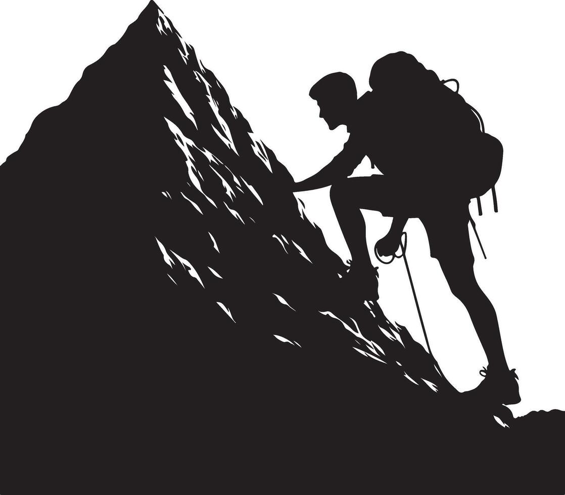 A man climbing mountain and hiking flat silhouette design vector