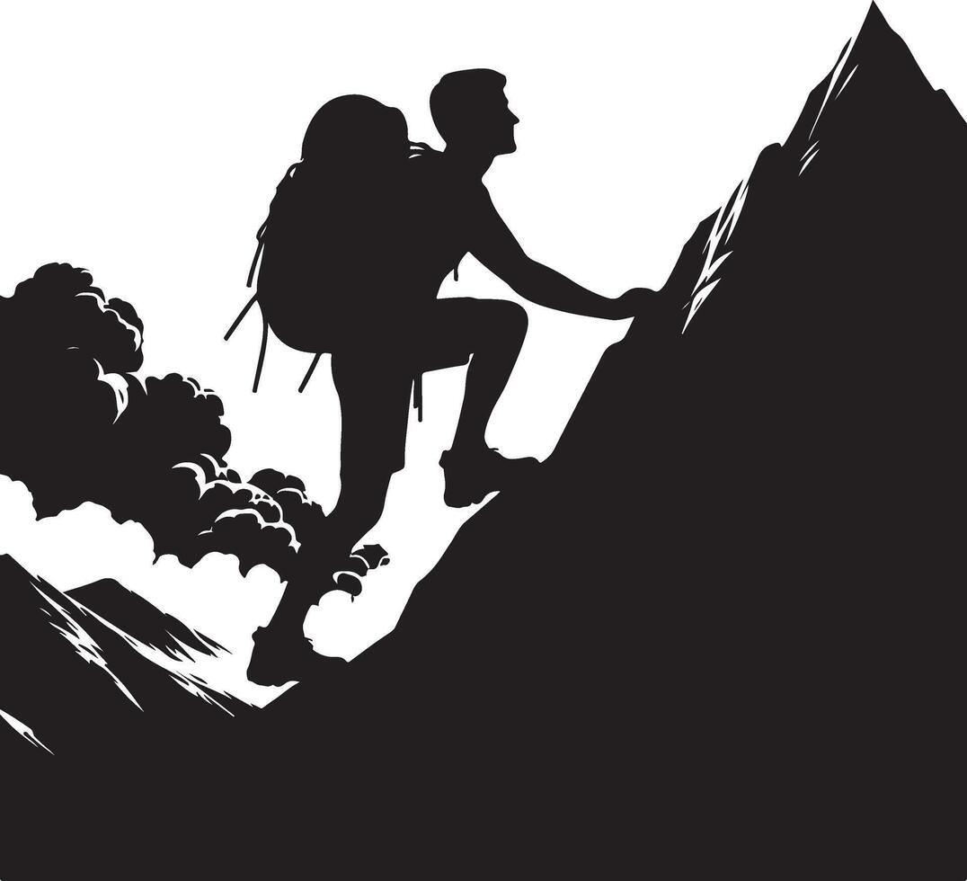 A man climbing mountain and hiking flat silhouette design vector