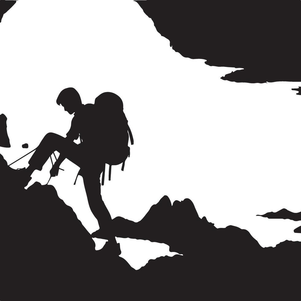 A man climbing mountain and hiking flat silhouette design vector