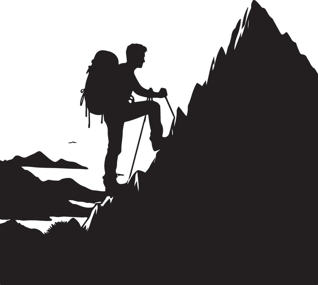 A man climbing mountain and hiking flat silhouette design vector
