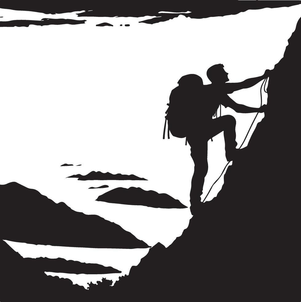 A man climbing mountain and hiking flat silhouette design vector