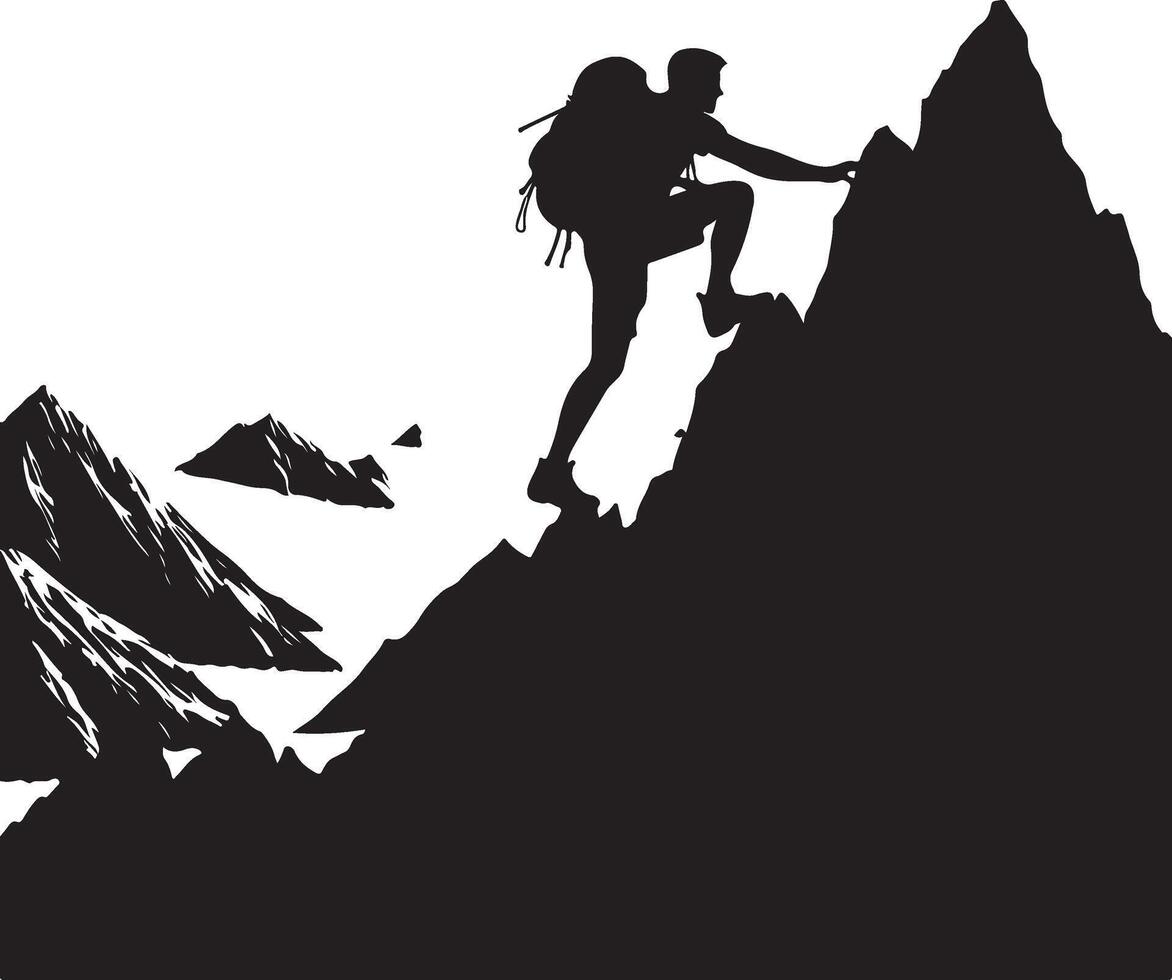 A man climbing mountain and hiking flat silhouette design vector