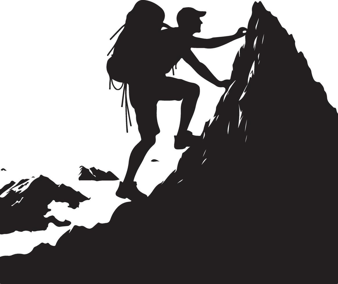 A man climbing mountain and hiking flat silhouette design vector