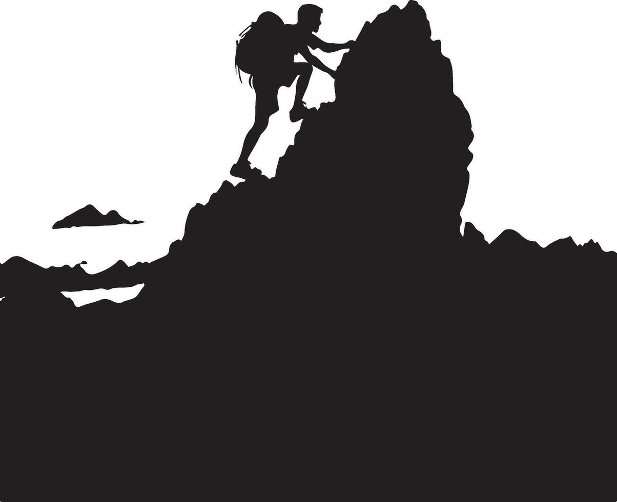 A man climbing mountain and hiking flat silhouette design vector
