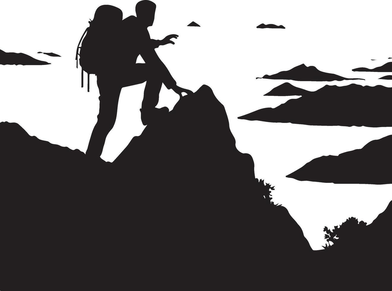 A man climbing mountain and hiking flat silhouette design vector