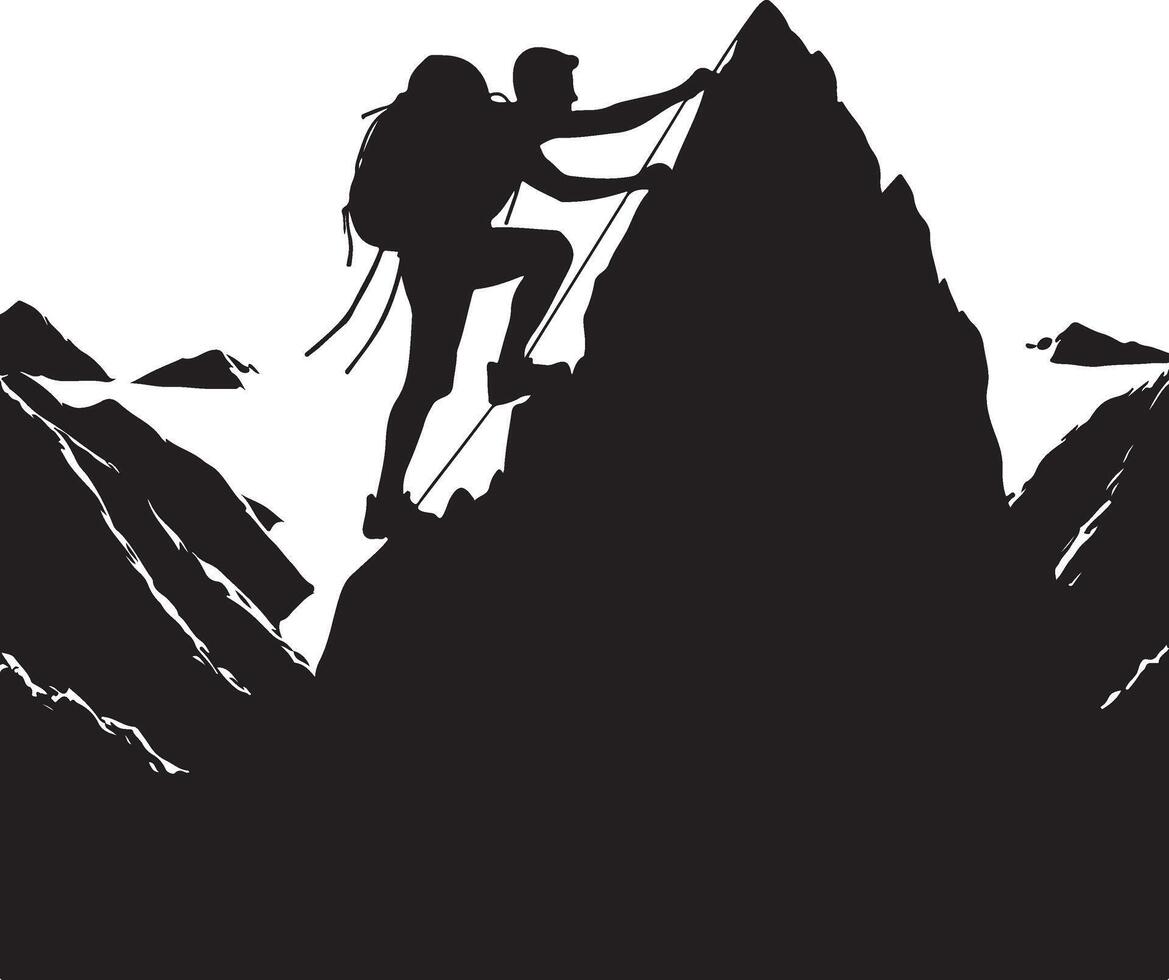 A man climbing mountain and hiking flat silhouette design vector