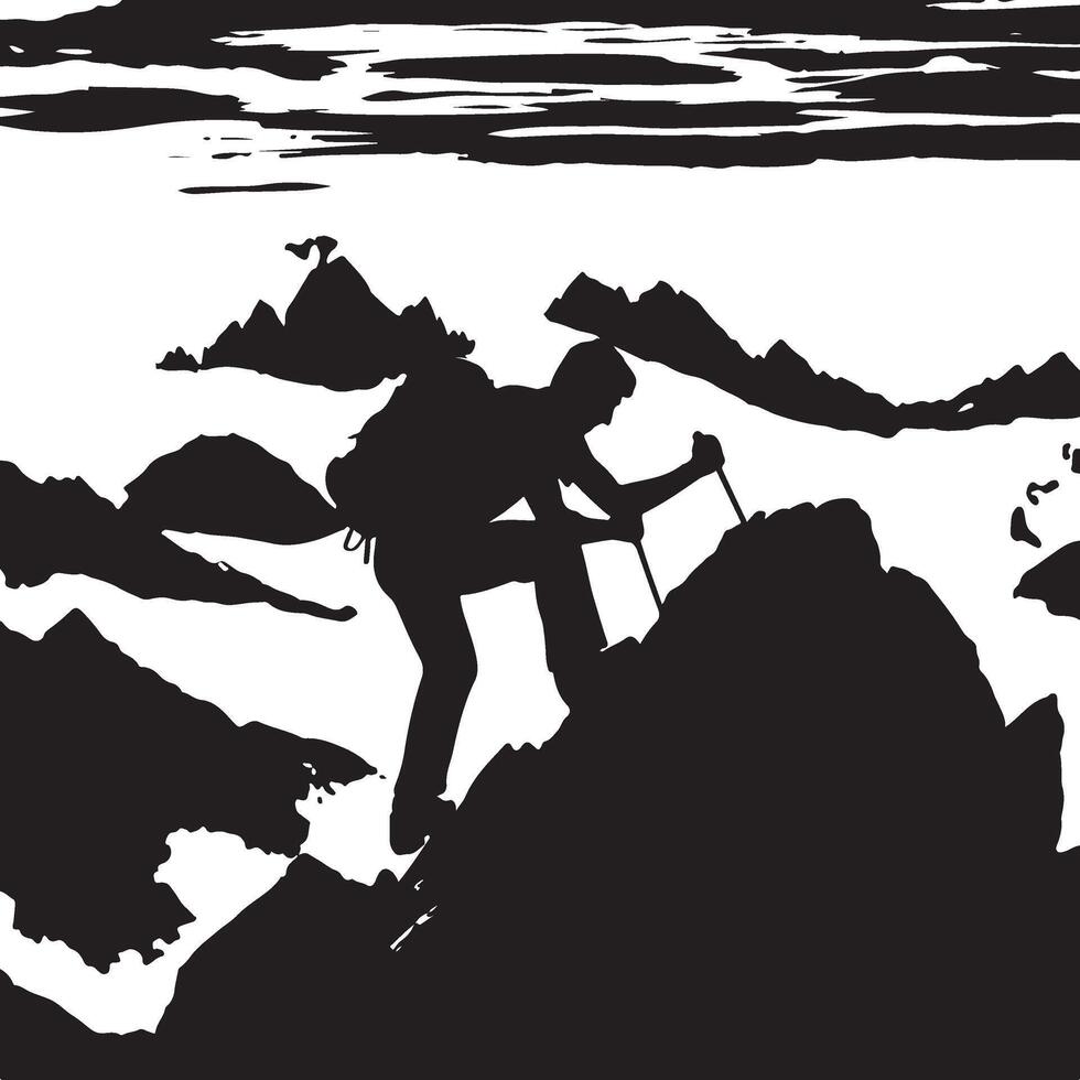 A man climbing mountain and hiking flat silhouette design vector